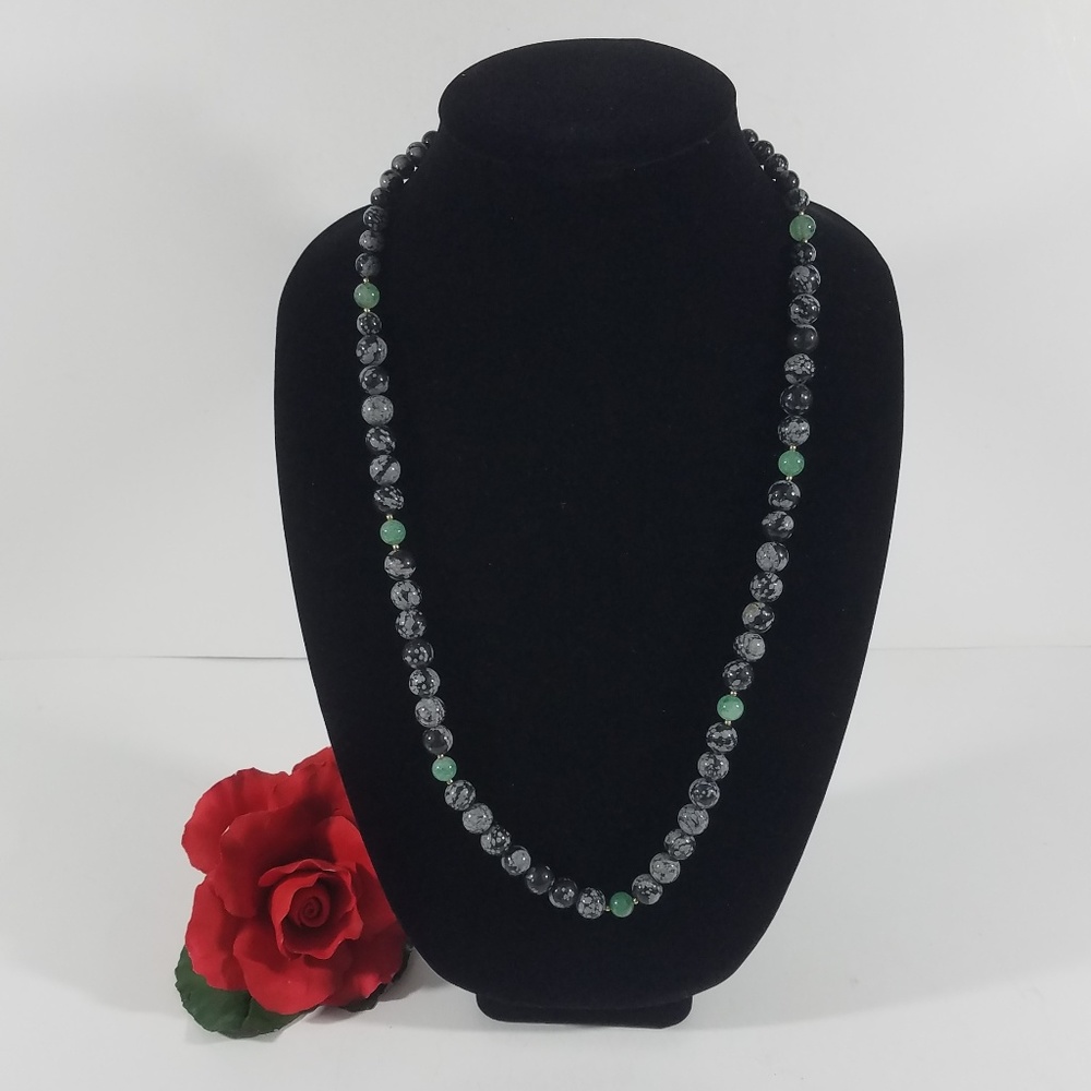 Marbled Bead Long Beaded Necklace Black Gray Green